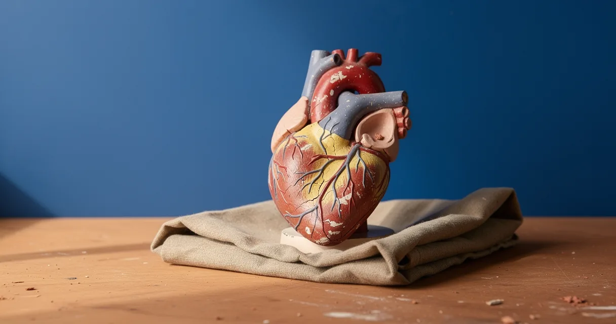 An anatomical heart teaching model on a clay workbench against a blue board