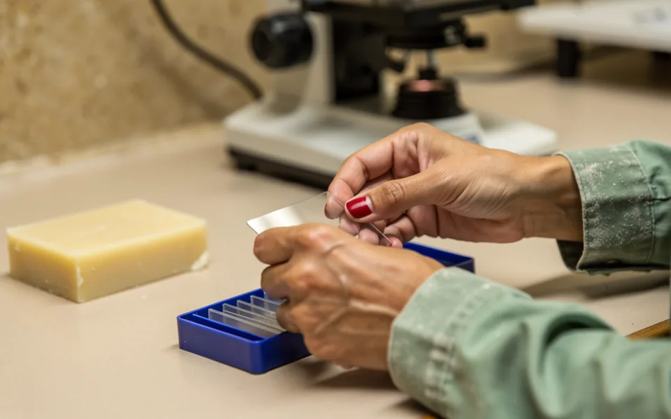A technician positions glass tissue slides beside an unmarked paraffin specimen block